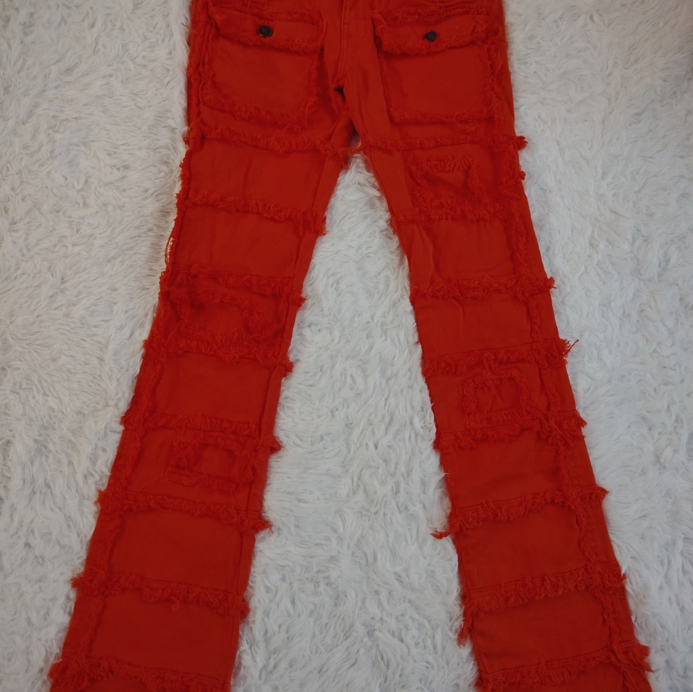 Men's Denim Distress Stacked Orange Bootcut Jeans with Frayed Edge